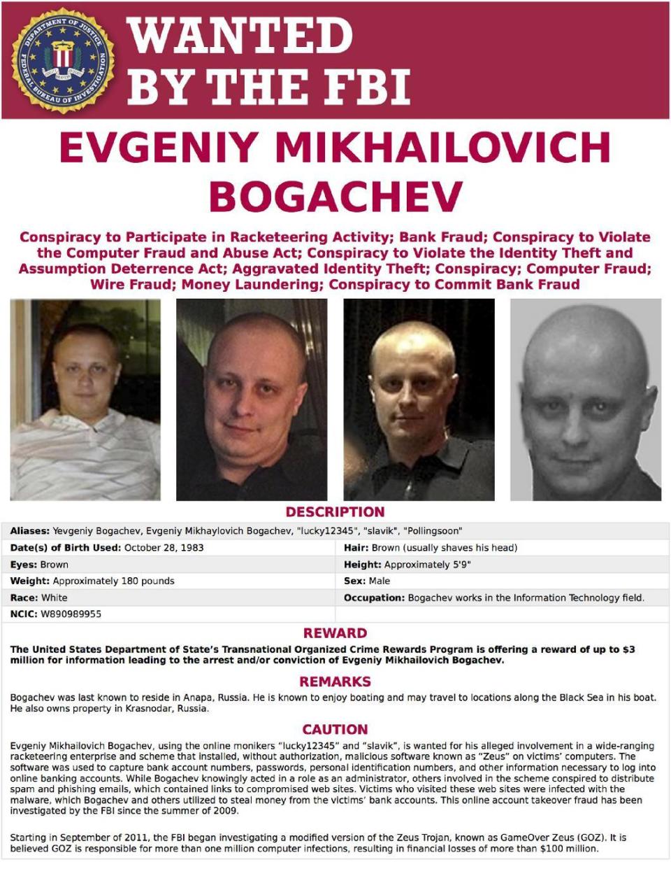 This image provided by the FBI shows the wanted poster for Evgeniy Bogachev. In a sweeping response to election hacking, President Barack Obama sanctioned Russian intelligence services and their top officials, kicked out 35 Russian officials and shuttered two Russian-owned compounds in the U.S. It was the strongest action the Obama administration has taken to date to retaliate for a cyberattack. Other individuals sanctioned include Bogachev and Alexey Belan, two Russian nationals who have been wanted by the FBI for cyber crimes for years. (FBI via AP)