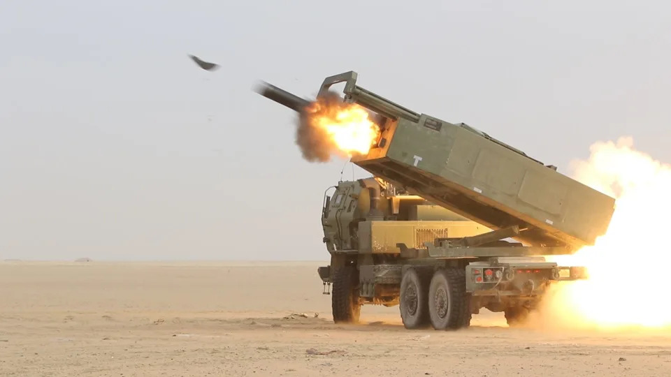 US Army soldiers fire High Mobility Artillery Rocket System HIMARS in Kuwait