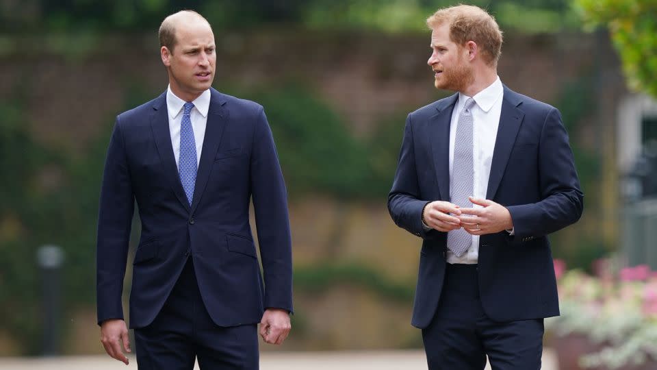 Prince William and Prince Harry arrive for the unveiling of a statue they commissioned of their mother, Diana, Princess of Wales, at Kensington Palace in London in July 2021. - Yui Mok/Getty Images