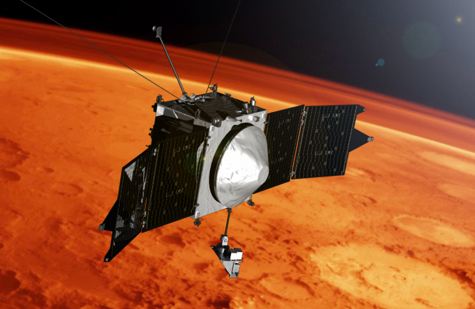 An illustration of the MAVEN mission orbiting Mars. <a href="https://www.nasa.gov/solar-system/1000-days-in-orbit-mavens-top-10-discoveries-at-mars/" rel="nofollow noopener" target="_blank" data-ylk="slk:NASA’s Goddard Space Flight Center;elm:context_link;itc:0;sec:content-canvas" class="link ">NASA’s Goddard Space Flight Center</a>