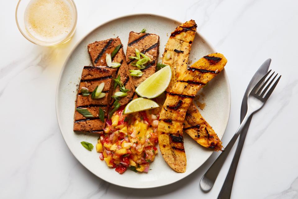 Grilled Jerk Tofu and Plantains With Mango Salsa