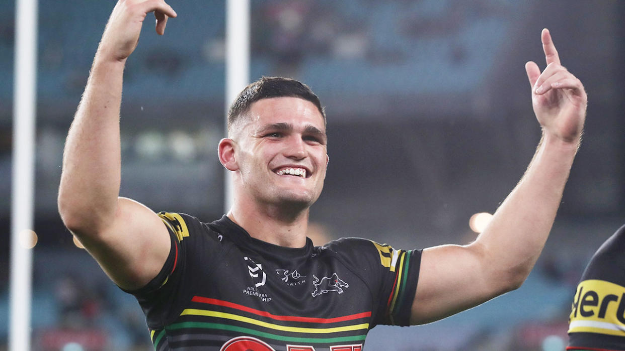 Pictured here celebrating, Nathan Cleary is the favourite to win the 2020 Dally M medal.