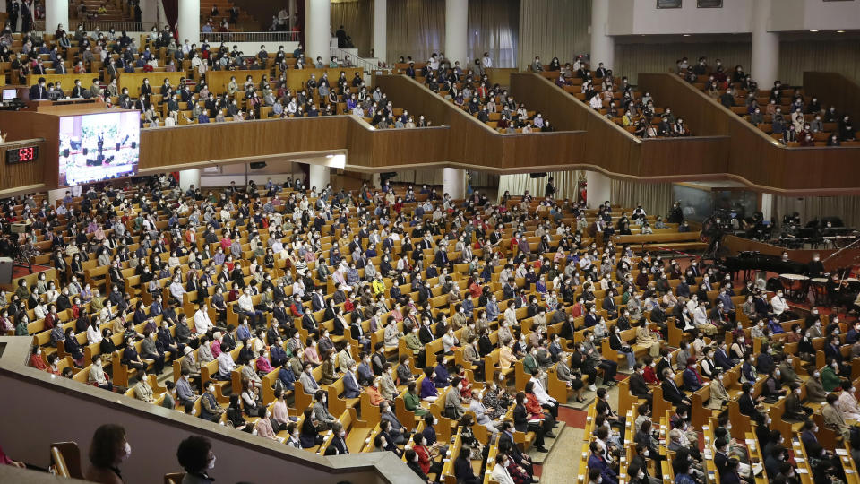 Christians attend a service while maintaining social distancing at the Yoido Full Gospel Church in Seoul, South Korea, Sunday, May 17, 2020. (Cheon Kyung-hwan/Yonhap via AP)