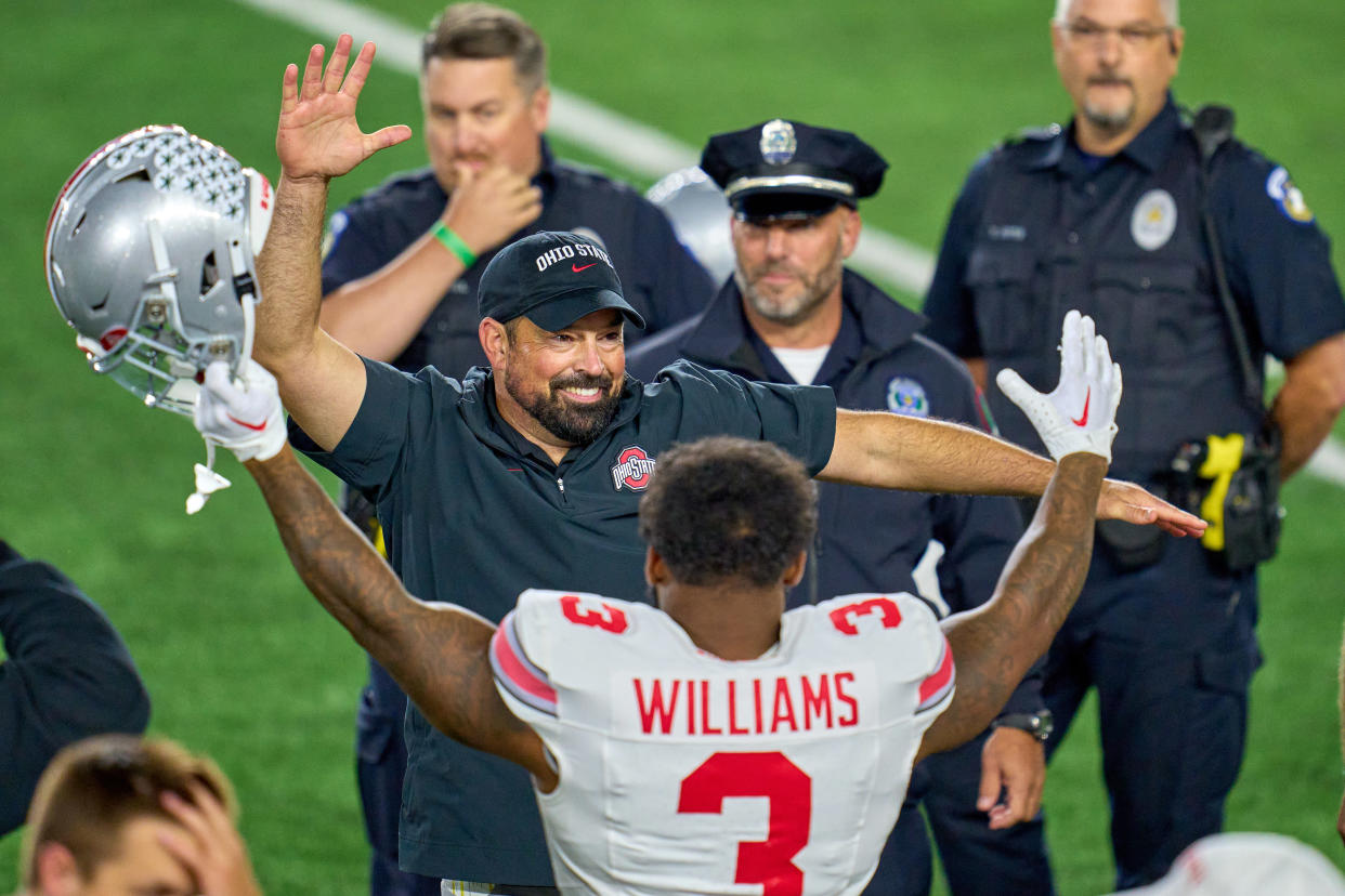 SOUTH BEND, IN - SEPTEMBER 23: Ohio State Buckeyes head coach Ryan Day celebrates after a play in action during a football game between the Notre Dame Fighting Irish and the Ohio State Buckeyes on September 23, 2023 at Notre Dame Stadium in South Bend, IN. (Photo by Robin Alam/Icon Sportswire via Getty Images)