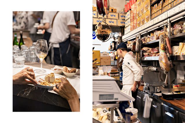 <p>Camilla Glorioso</p> From left: Dessert at Salumeria Roscioli; Salumeria Roscioli's deli counter, which sells 150 types of cured meat.