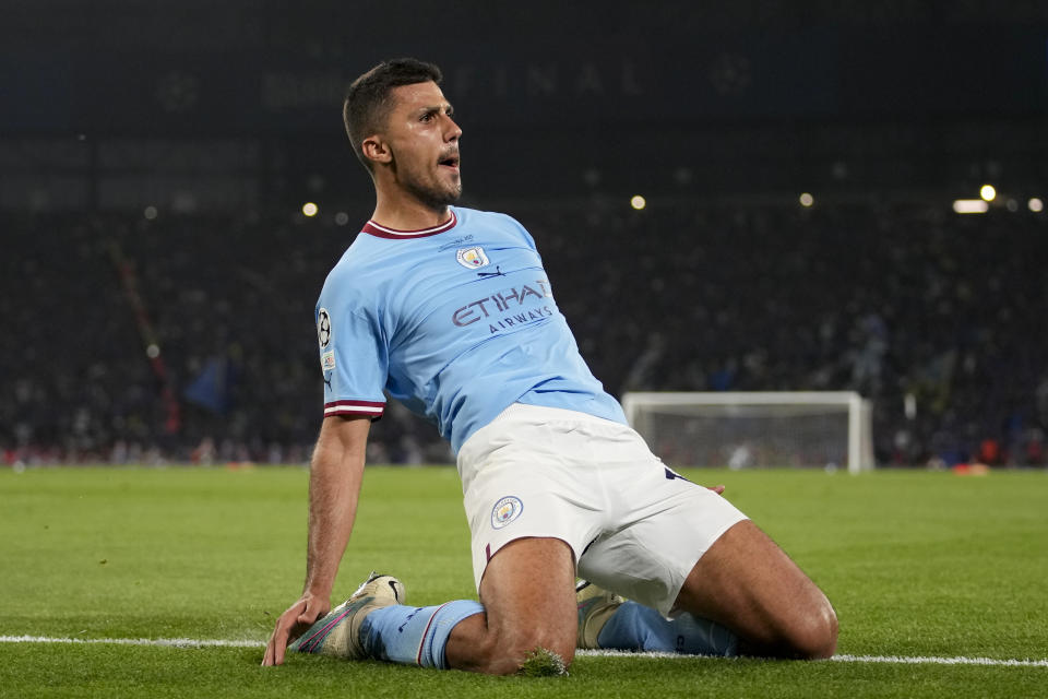 Manchester City's Rodrigo celebrates after scoring his side's first goal during the Champions League final soccer match between Manchester City and Inter Milan at the Ataturk Olympic Stadium in Istanbul, Turkey, Saturday, June 10, 2023. (AP Photo/Emrah Gurel)