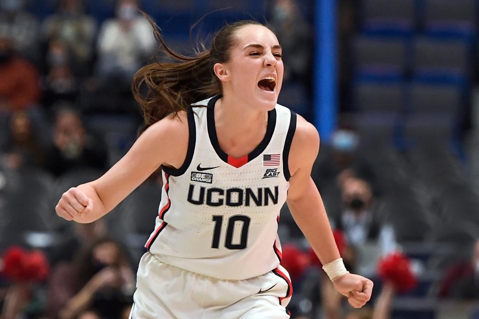 UConn's Nika Muhl reacts in the first half against Xavier on Saturday in Hartford.