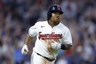 Cleveland Guardians' José Ramírez rounds the bases after hitting three-run home run against the Detroit Tigers during the sixth inning of a baseball game, Friday, May 20, 2022, in Cleveland. (AP Photo/Ron Schwane)