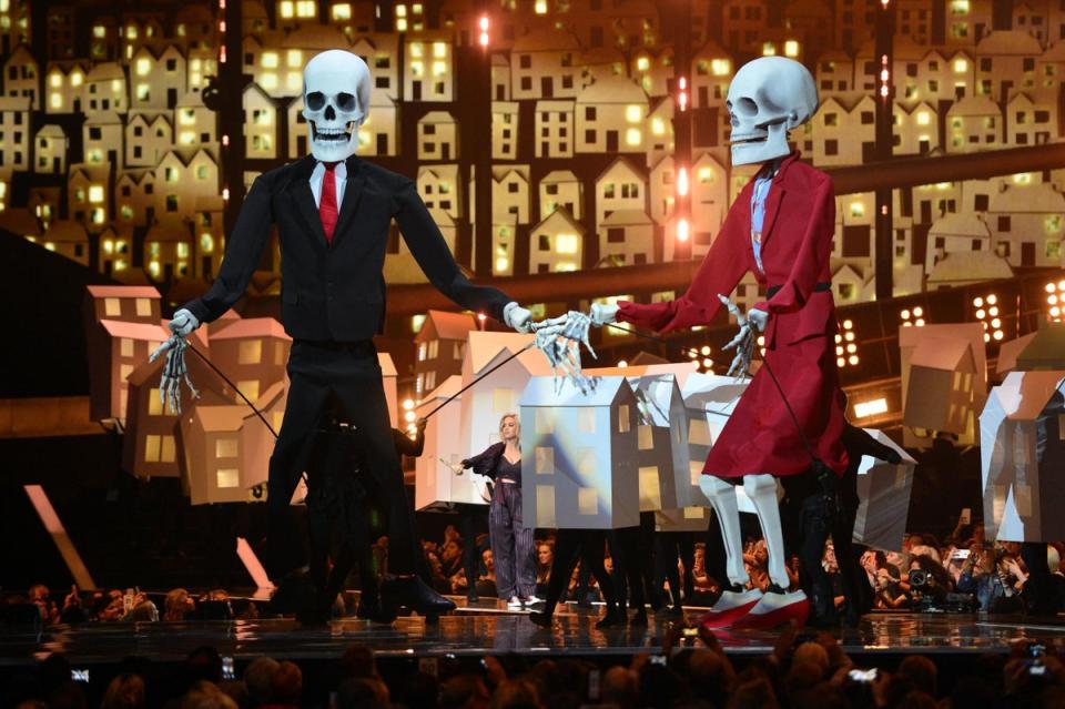 Perry's Puppet Show: Puppets as Katy Perry performs on stage at the Brit Awards at the O2 Arena, London in 2017 (Dominic Lipinski/PA )