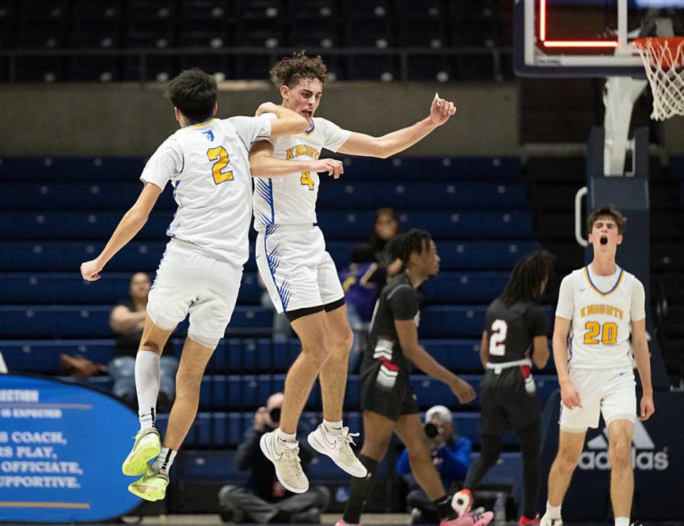Ripon Christian’s Luke Crivello (2) and Amos Cady celebrate after Crivello drained a three-point basket before half in the Sac-Joaquin Section Division V championship game at UC Davis in Davis, Calif., Friday, Feb. 23, 2024. Andy Alfaro/aalfaro@modbee.com