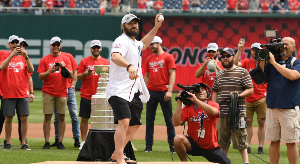 Alex Ovechkin needed a second attempt with his ceremonial first pitch at Nationals Park. (Getty)