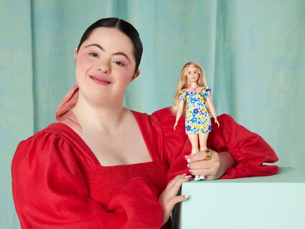 Model Ellie Goldstein poses with Barbie’s first doll with Down’s syndrome (Mattel/Catherine Harbour)