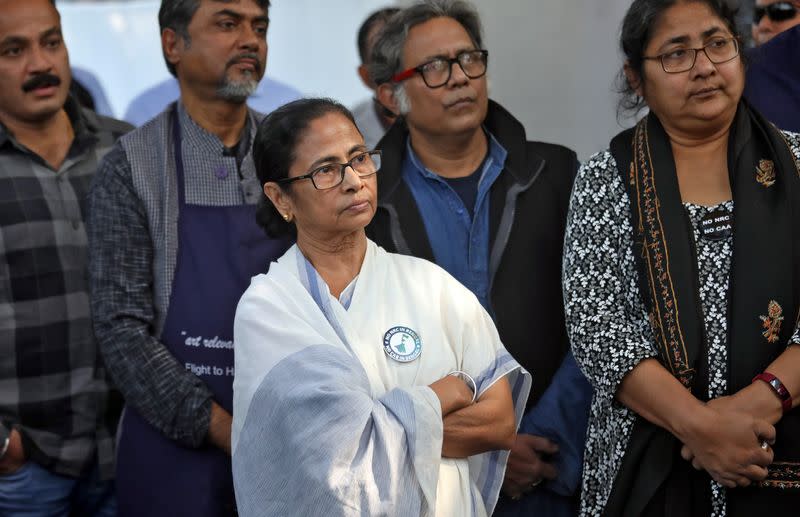 Mamata Banerjee, Chief Minister of West Bengal, wearing an anti-citizenship law badge attends a protest against the anti-citizenship law, in Kolkata