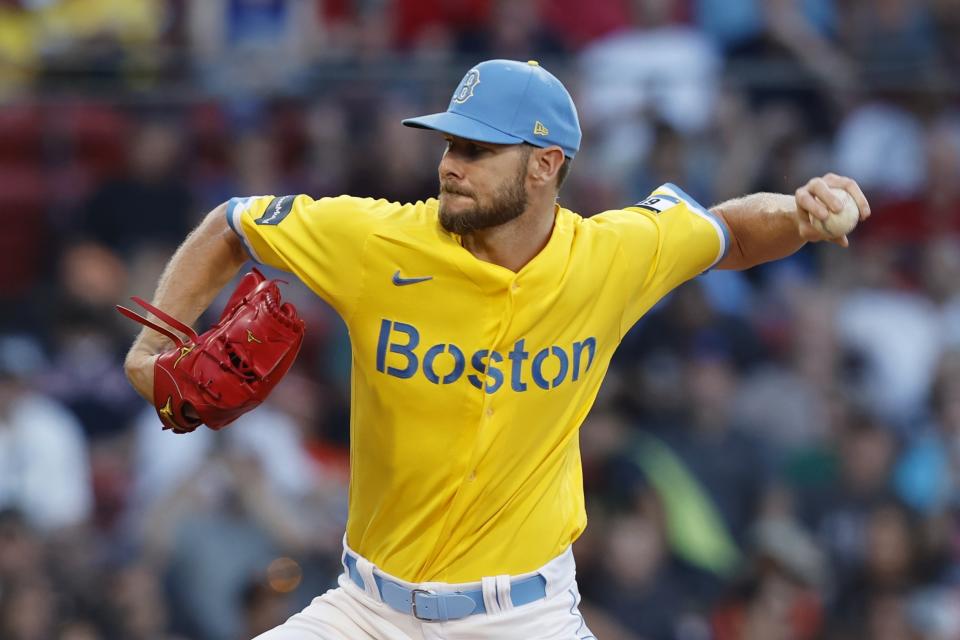 Boston Red Sox's Chris Sale pitches during the first inning of a baseball game against the Detroit Tigers, Friday, Aug. 11, 2023, in Boston. (AP Photo/Michael Dwyer)