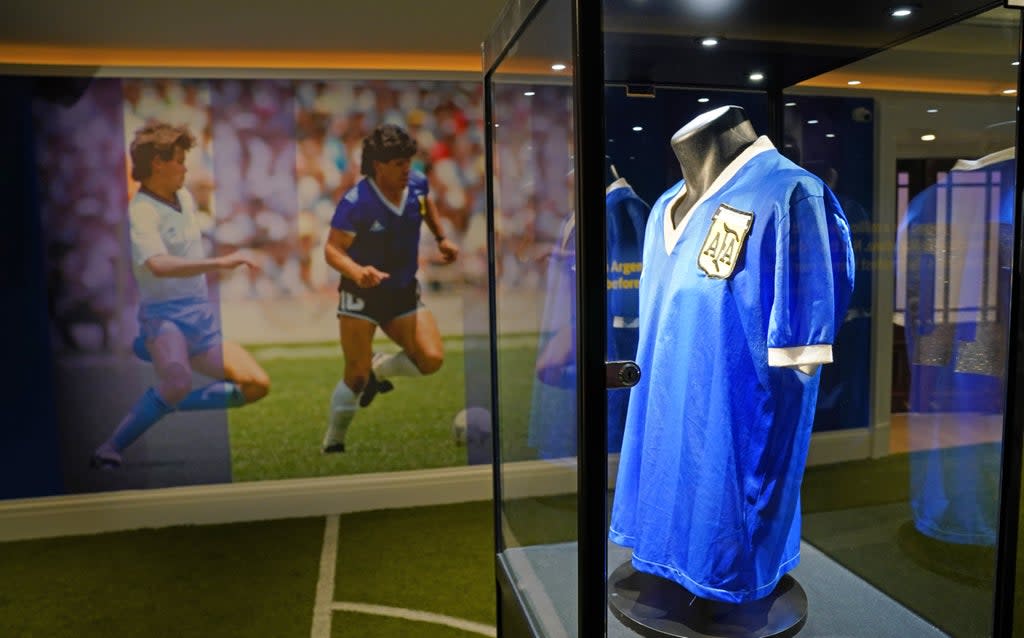 Diego Maradona’s 1986 World Cup ‘Hand of God’ shirt has fetched a record price at auction (Jonathan Brady/PA). (PA Wire)