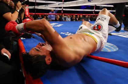 Erik Morales is knocked out by Danny Garcia in the fourth round of their WBC/WBA junior welterweight title fight in October 2012.  (Photo by Al Bello/Getty Images for Golden Boy Promotions)