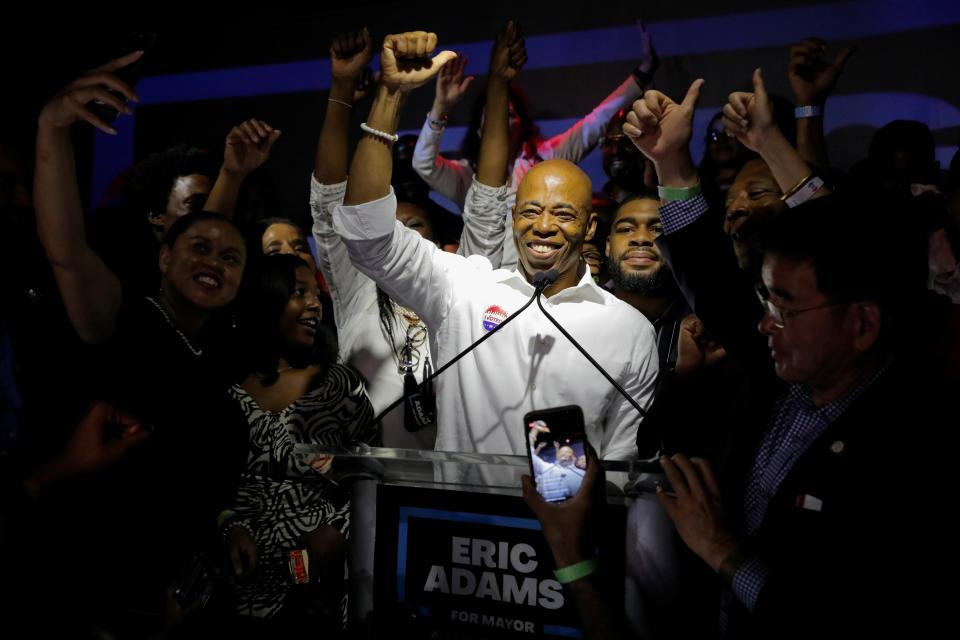 Eric Adams celebrates on primary election night, which saw him in an early lead with roughly 30 per cent of the vote from in-person ballots. (REUTERS)