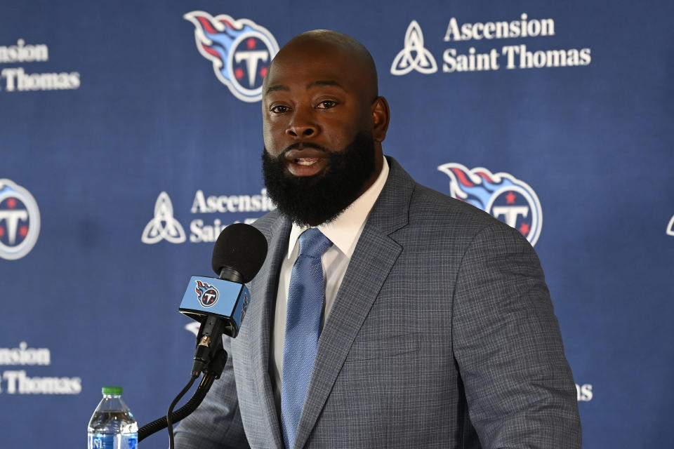 FILE - Ran Carthon, new Tennessee Titans NFL football team general manager, speaks during a news conference Friday, Jan. 20, 2023, in Nashville, Tenn. Carthon started clearing up some much needed salary cap space Wednesday, Feb. 22, 2023. The Titans released three-time Pro Bowl left tackle Taylor Lewan for a failed physical and also released veteran wide recei(AP Photo/Mark Zaleski, File)