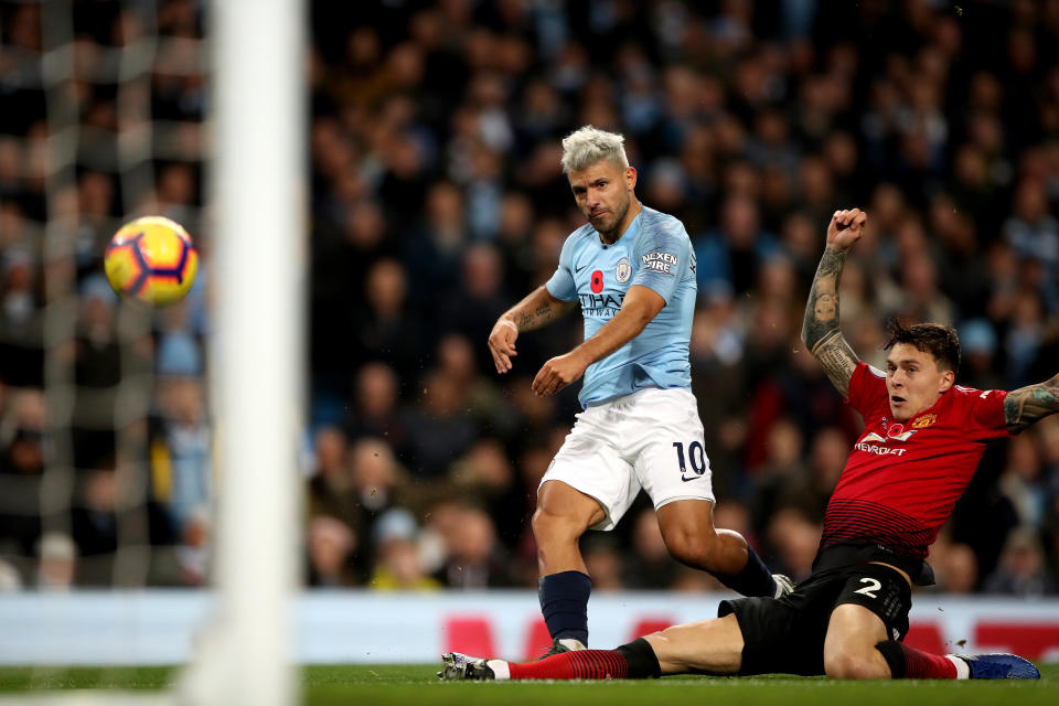 Sergio Aguero scores his side’s second goal