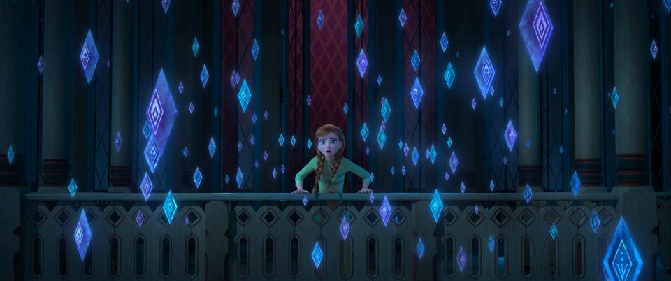 Anna (voiced by Kristen Bell) worries about Arendelle when mysterious elemental symbols start appearing in "Frozen 2."