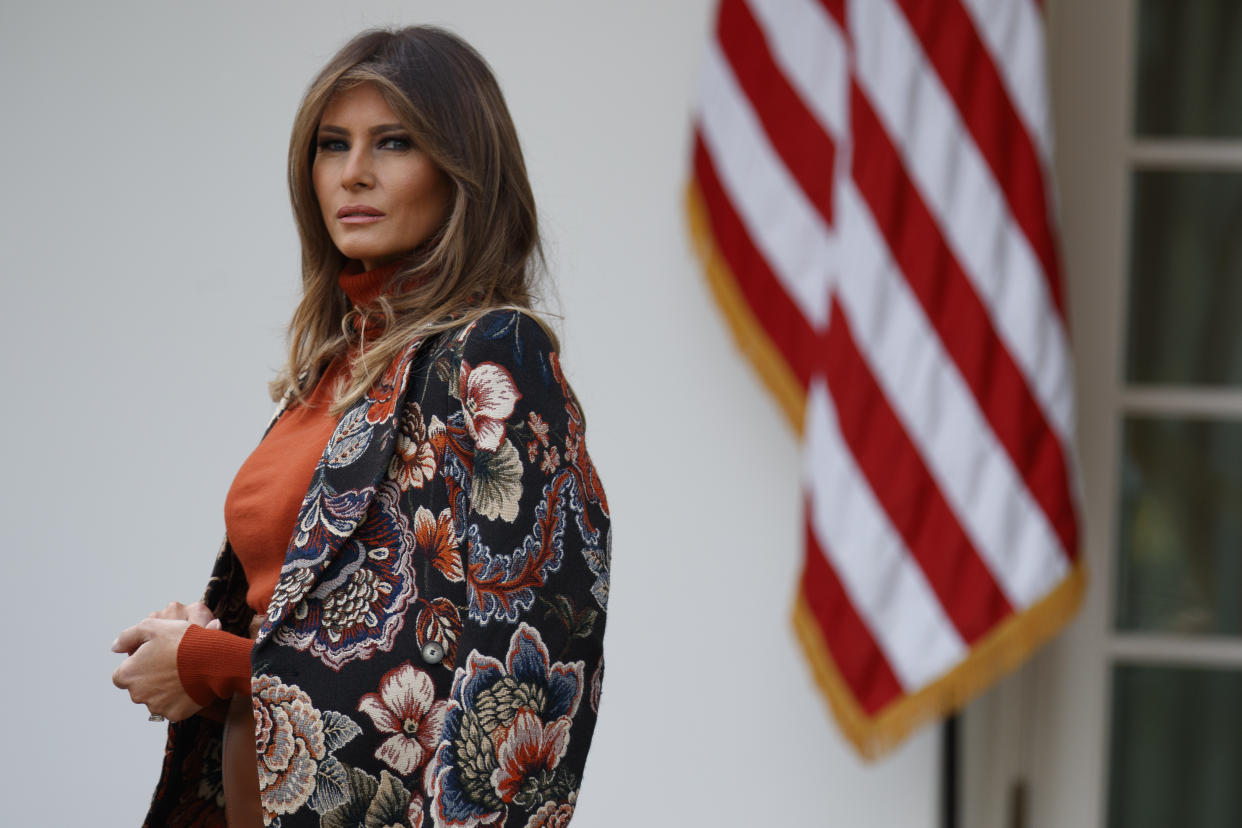 First lady Melania Trump listens as President Trump speaks in the Rose Garden of the White House. (Photo: Evan Vucci/AP)