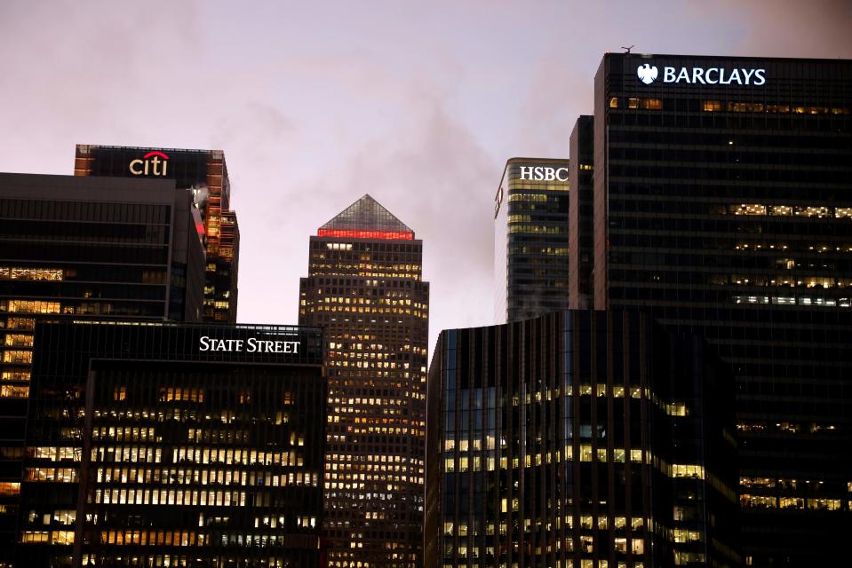 The offices of banking giants Citi, HSBC and Barclays are pictured at the the secondary central business district of Canary Wharf on the Isle of Dogs, east London on December 11, 2020. - A Brexit trade deal between Britain and the European Union looked to be hanging in the balance on Friday, after leaders on both sides of the Channel gave a gloomy assessment of progress in last-gasp talks. The Bank of England said Friday that UK banks remained "resilient" to the risks of Brexit and coronavirus, but warned financial services could face "disruption" when the transition period ends. (Photo by Tolga Akmen / AFP) (Photo by TOLGA AKMEN/AFP via Getty Images)