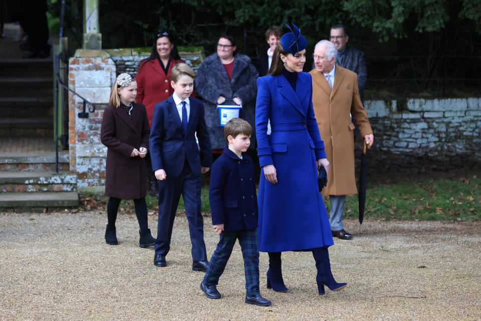 SANDRINGHAM, NORFOLK - DECEMBER 25: (L-R) Mia Tindall, Prince George, Prince Louis, Catherine, Princes of Wales and King Charles III attend the Christmas Morning Service at Sandringham Church on December 25, 2023 in Sandringham, Norfolk. (Photo by Stephen Pond/Getty Images)
