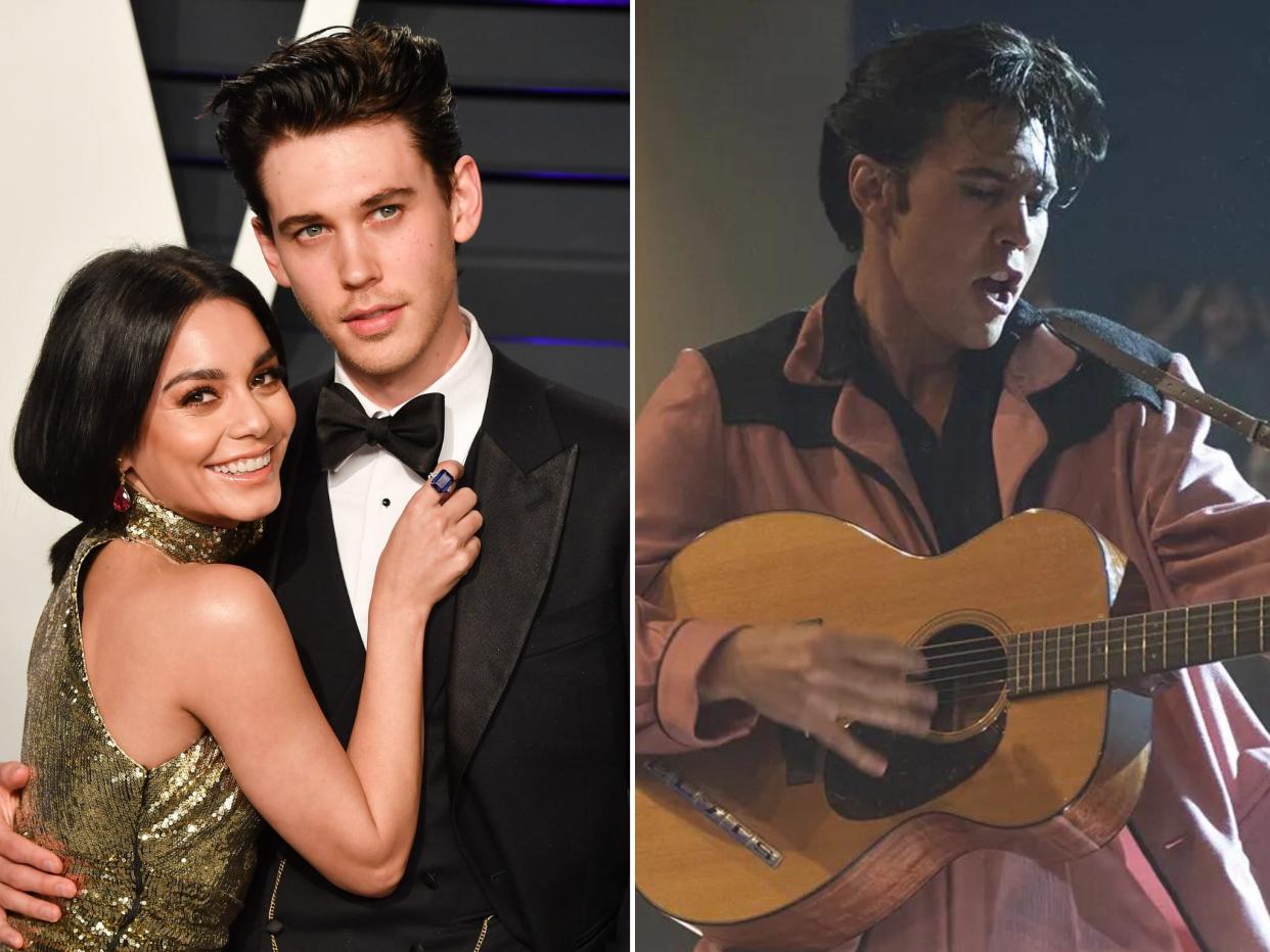 Vanessa Hudgens and Austin Butler at the 2019 Vanity Fair Oscar Party; Butler portraying Elvis Presley in "Elvis" (2022).