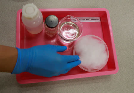 FILE PHOTO: An NUS researcher explains how Aerogel can be enhanced with various chemicals at NUS's Department of Mechanical Engineering in Singapore November 23, 2018. REUTERS/Yiming Woo