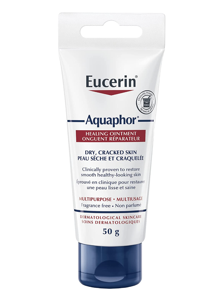 Eucerin Aquaphor Multi-Purpose Healing Ointment in white bottle with blue cap on white background (Photo via Amazon)