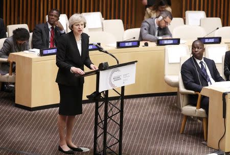 Britain's Prime Minister Theresa May speaks during a high-level meeting on addressing large movements of refugees and migrants at the United Nations General Assembly in Manhattan, New York, U.S., September 19, 2016. REUTERS/Lucas Jackson