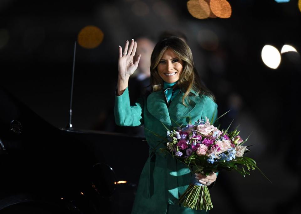 <p>Melania Trump landed in Warsaw, Poland in an emerald suede Diane Von Furstenberg coat. </p>