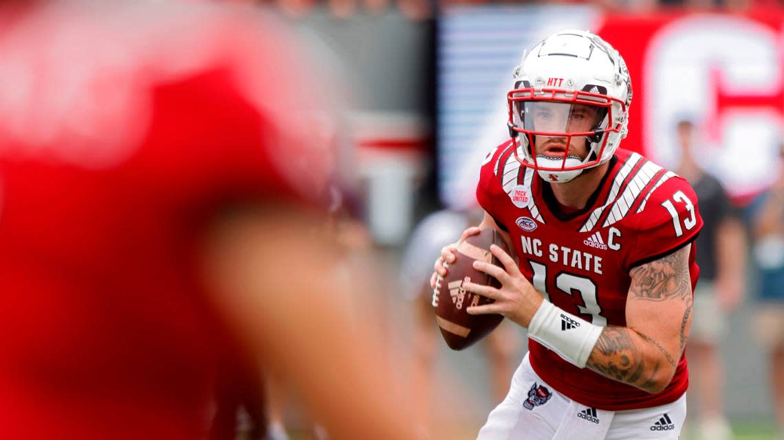N.C. State quarterback Devin Leary looks to throw during the first half of the Wolfpack’s game against Charleston Southern on Saturday, Sept. 10, 2022, at Carter-Finley Stadium in Raleigh, N.C.