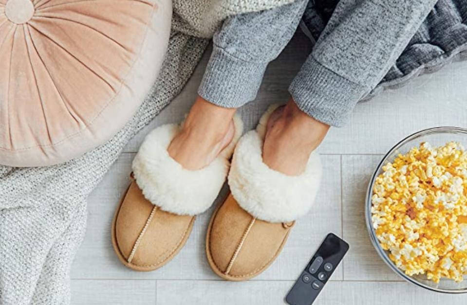 Save 42 percent—Dearfoams Women's Fireside Water Resistent Sydney Shearling Scuff Slipper. (Photo: Amazon)