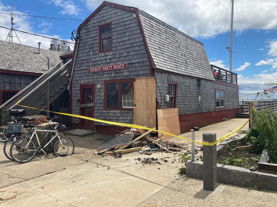 A speeding car struck the Patriot Party Boats building at 227 Clinton Ave. in Falmouth early Saturday morning. Two people in the car were injured and taken to the hospital by first responders. The building received substantial damage, authorities said.