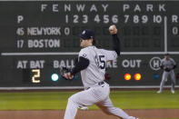 New York Yankees starting pitcher Gerrit Cole (45) delivers to the Boston Red Sox in the first inning of the American League Wild Card playoff game at Fenway Park, Tuesday Oct. 5, 2021 in Boston. (AP Photo/Charles Krupa)