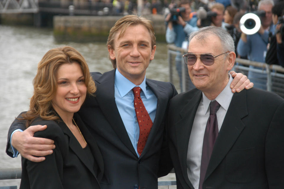 Barbara Boccoli and Michael G Wilson introducing Daniel Craig as the new James Bond in October 2005. (Phil Dent/Redferns)