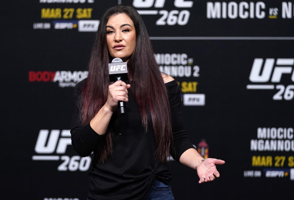LAS VEGAS, NEVADA - MARCH 26: Former UFC bantamweight champion Miesha Tate interacts with media after the UFC 260 weigh-in at UFC APEX on March 26, 2021 in Las Vegas, Nevada. (Photo by Jeff Bottari/Zuffa LLC)
