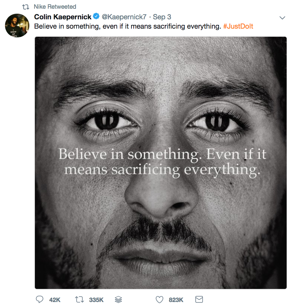 Kaepernick tweeted an image from the new ad campaign. Nike retweeted him. (Photo: screenshot/Twitter/@Nike)