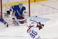 New York Rangers goaltender Alexandar Georgiev (40) makes a save against Montreal Canadiens left wing Tomas Tatar (90) during the third period of an NHL hockey game Friday, Dec. 6, 2019, at Madison Square Garden in New York. The Canadiens won 2-1. (AP Photo/Mary Altaffer)