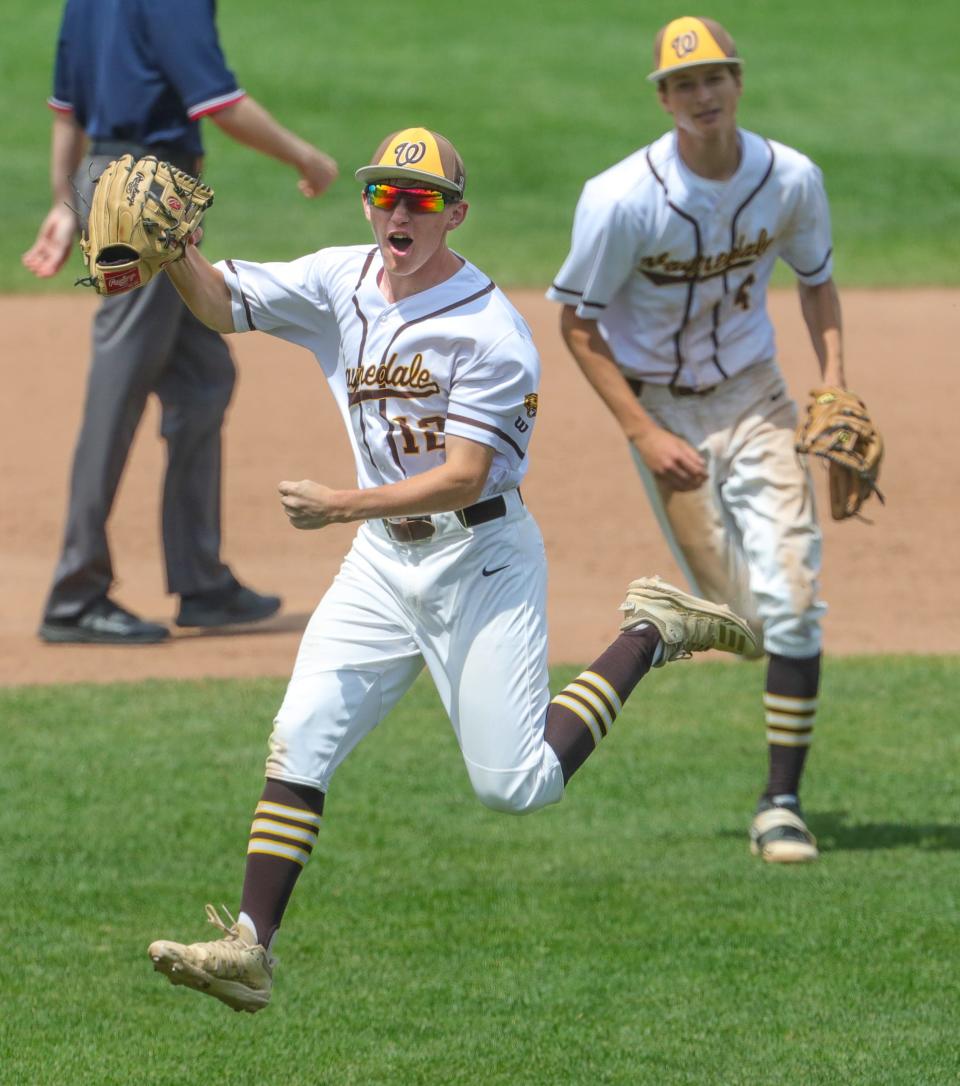 Waynedale second baseman Dylan Raber celebrates a 7th inning out duirng their 2-1 8-inning win over Milan Edison in a Division III  State Championship game on Saturday, June 11, 2022 in Akron, Ohio, at Canal Park.