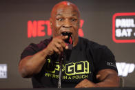 Mike Tyson speaks during a news conference promoting his upcoming boxing bout against Jake Paul, Thursday, May 16, 2024, in Arlington, Texas. The fight is scheduled for July 20. (AP Photo/Sam Hodde)