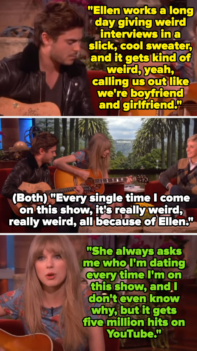 Zac Efron and Taylor Swift sing about Ellen always making them uncomfortable by asking about their dating lives