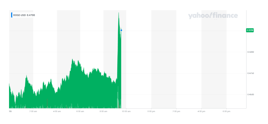 Dogecoin pared losses after Elon Musk's tweet. Chart: Yahoo Finance UK