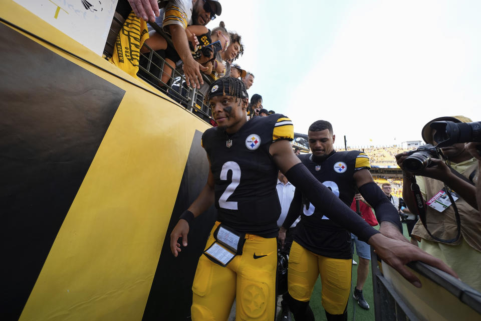 Pittsburgh Steelers quarterback Justin Fields (2) exits the field after his team's victory over the Los Angeles Chargers in an NFL football game Sunday, Sept. 22, 2024, in Pittsburgh. (AP Photo/Gene J. Puskar)