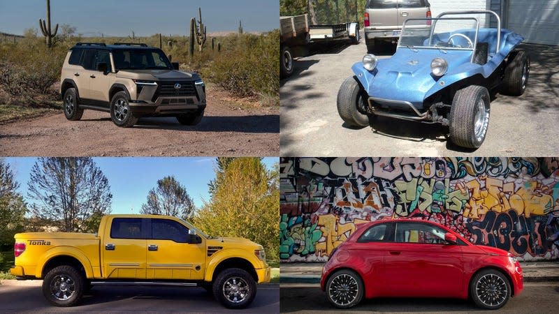 Image: Lexus, RM Sotheby’s, Subaru, Honda, Photo: <a class="link " href="https://helena.craigslist.org/cto/d/helena-white-wind-viper-dune-buggy/7746518175.html" rel="nofollow noopener" target="_blank" data-ylk="slk:Craigslist;elm:context_link;itc:0;sec:content-canvas">Craigslist</a>, <a class="link " href="https://losangeles.craigslist.org/wst/ctd/d/portland-tonka-ford-150-limited-rare/7749657650.html" rel="nofollow noopener" target="_blank" data-ylk="slk:Craigslist;elm:context_link;itc:0;sec:content-canvas">Craigslist</a>, Stellantis, <a class="link " href="https://rochester.craigslist.org/cto/d/rochester-1996-mazda-mx6-ls-miles/7749001429.html" rel="nofollow noopener" target="_blank" data-ylk="slk:Craigslist;elm:context_link;itc:0;sec:content-canvas">Craigslist</a>, <a class="link " href="https://chicago.craigslist.org/chc/cto/d/chicago-1990-vw-volkswagen-gti-golf-16v/7750199561.html" rel="nofollow noopener" target="_blank" data-ylk="slk:Craigslist;elm:context_link;itc:0;sec:content-canvas">Craigslist</a>