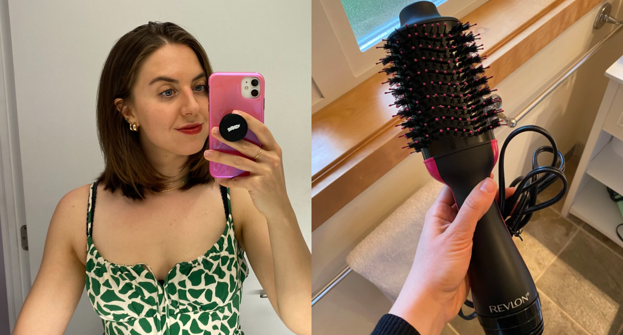 brush, hair, girl in green printed dress and brown hair taking mirror selfie, revlon hot air brush, amazon canada prime day 2022