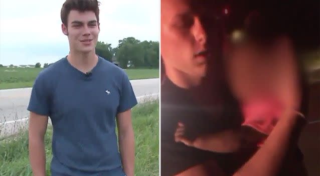 Hunter near the scene of the accident (left) and Collin holding the baby they saved (right). Photo: WGN