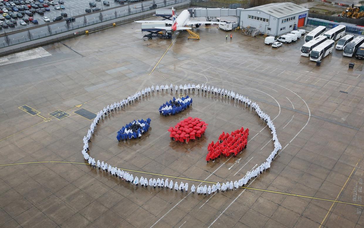 British Airways staff recreate the airline's famous 1989 Face advert to celebrate Red Nose Day in 2015