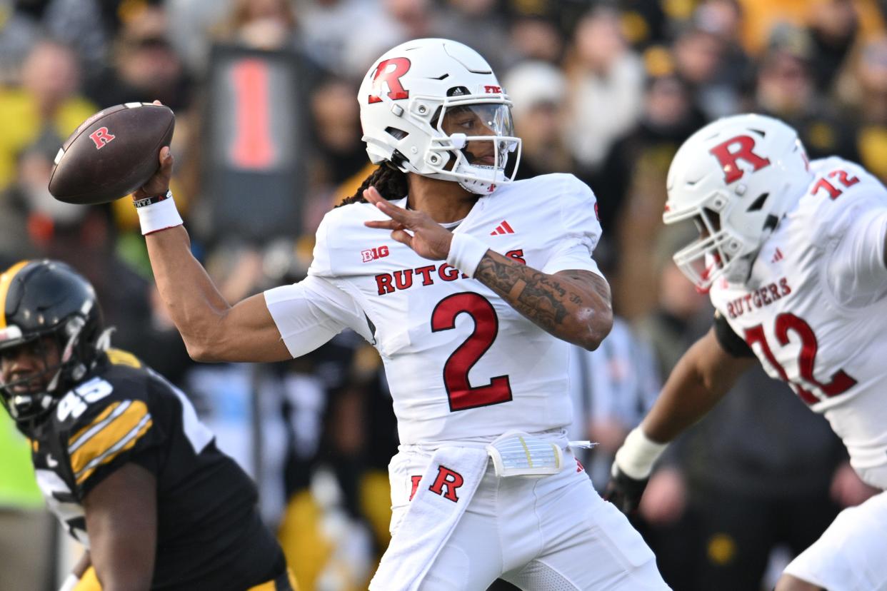 Nov 11, 2023; Iowa City, Iowa, USA; Rutgers Scarlet Knights quarterback Gavin Wimsatt (2) throws a pass against the Iowa Hawkeyes at Kinnick Stadium. Mandatory Credit: Jeffrey Becker-USA TODAY Sports